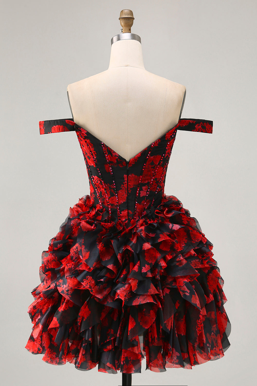 Black Red Off The Shoulder Ruffle Corset A-Line Homecoming Dress With Beading