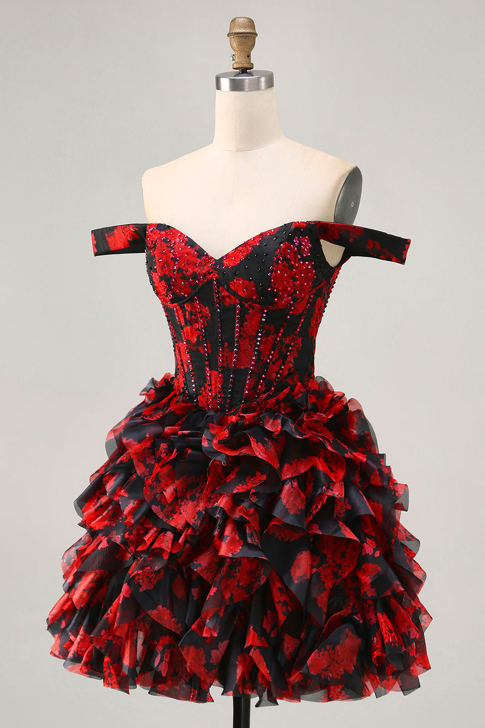 Black Red Off The Shoulder Ruffle Corset A-Line Homecoming Dress With Beading