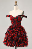 Black Red Off The Shoulder Ruffle Corset A-Line Homecoming Dress With Beading