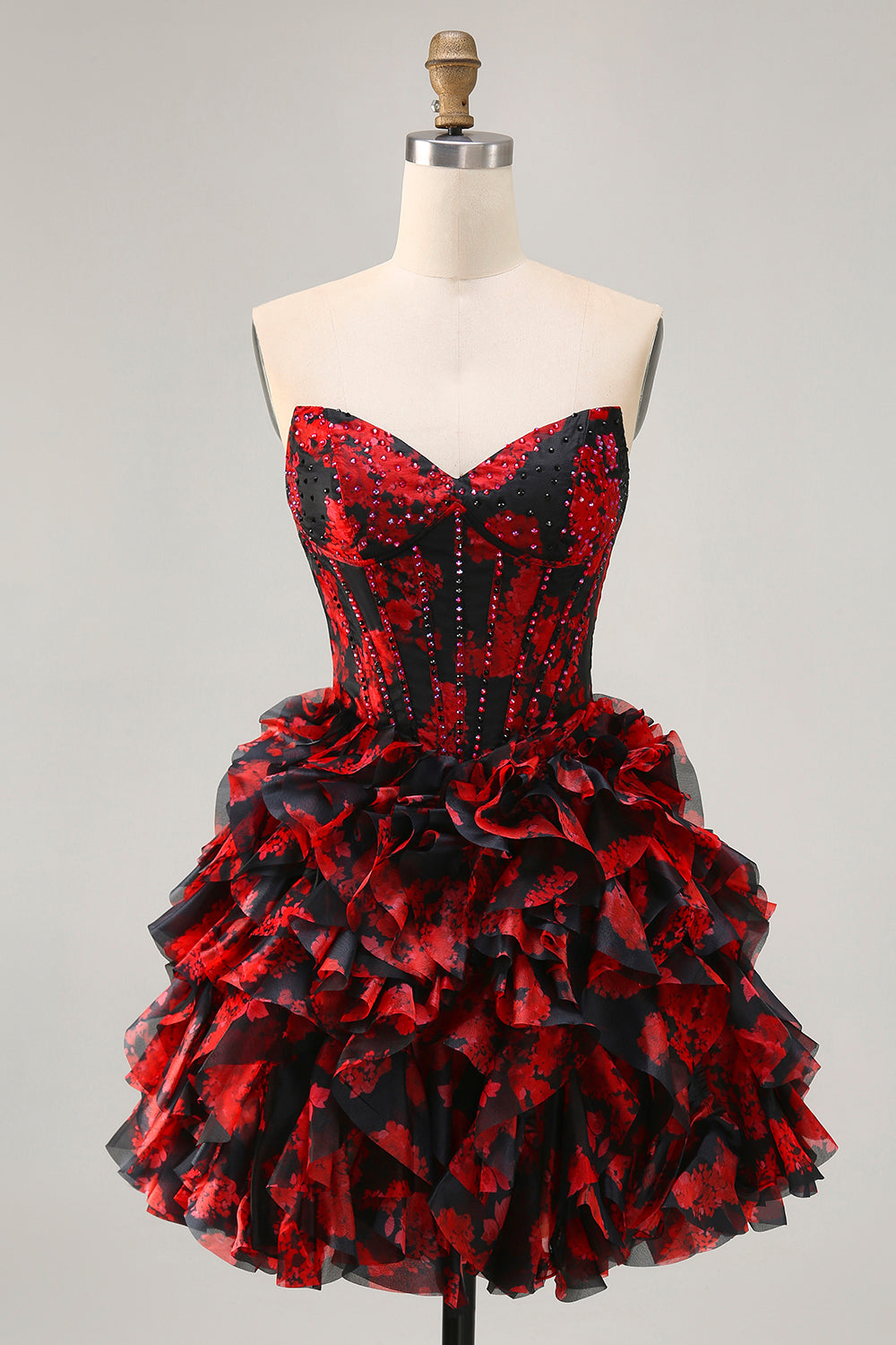 Black Red Off The Shoulder Ruffle Corset A-Line Homecoming Dress With Beading