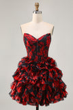 Black Red Off The Shoulder Ruffle Corset A-Line Homecoming Dress With Beading