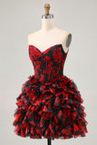 Black Red Off The Shoulder Ruffle Corset A-Line Homecoming Dress With Beading