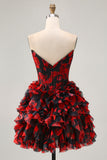 Black Red Off The Shoulder Ruffle Corset A-Line Homecoming Dress With Beading