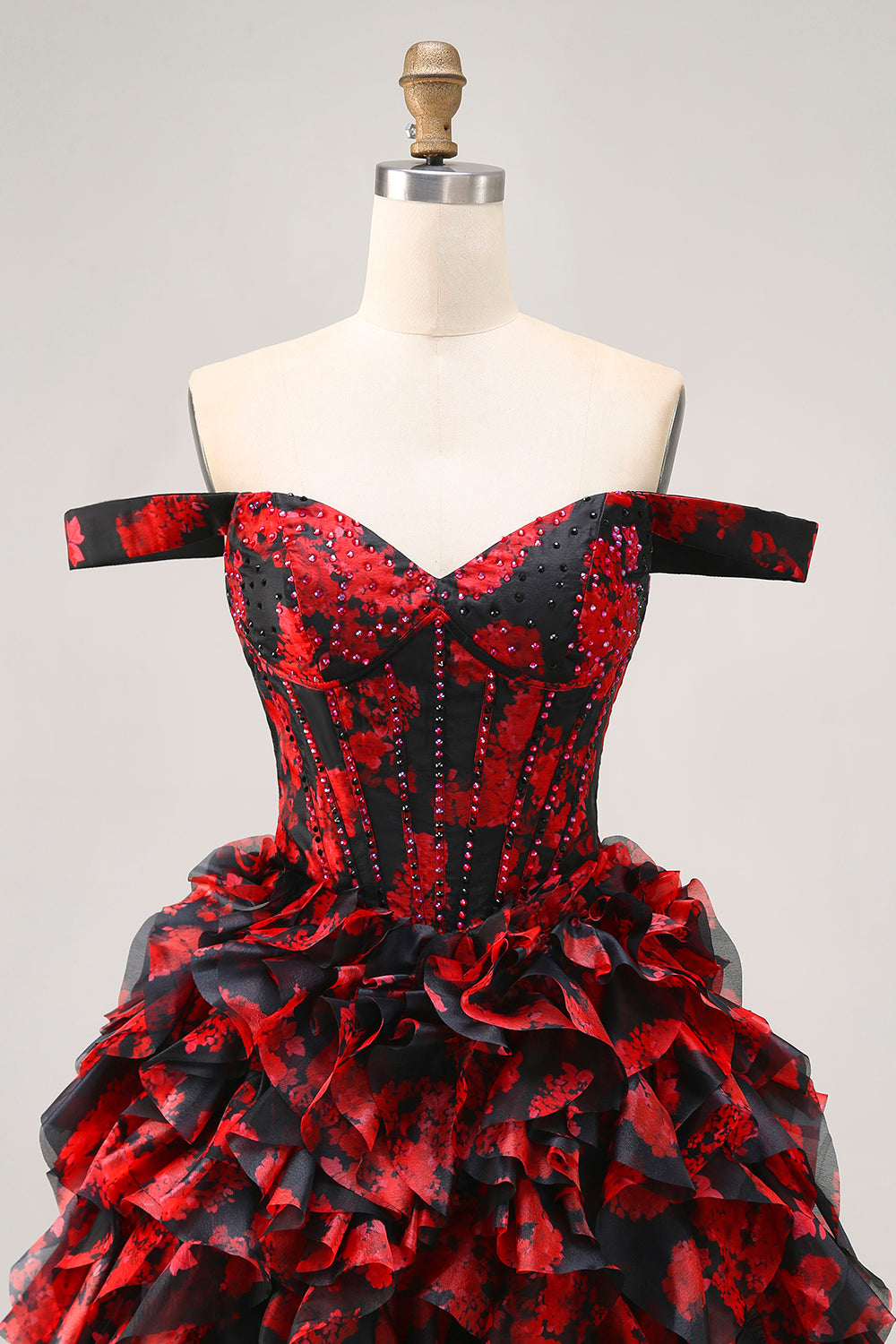Black Red Off The Shoulder Ruffle Corset A-Line Homecoming Dress With Beading