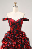 Black Red Off The Shoulder Ruffle Corset A-Line Homecoming Dress With Beading