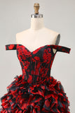 Black Red Off The Shoulder Ruffle Corset A-Line Homecoming Dress With Beading