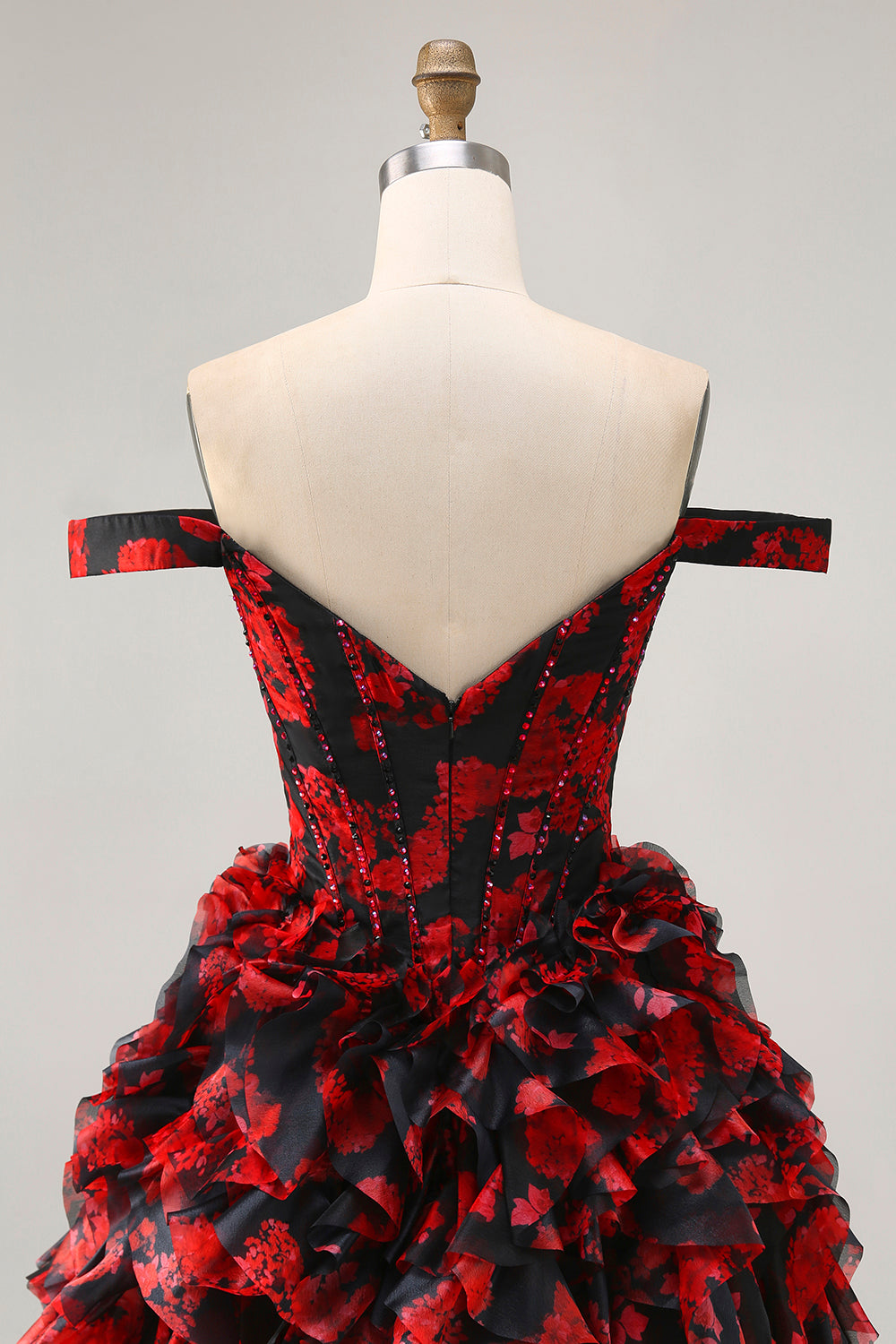 Black Red Off The Shoulder Ruffle Corset A-Line Homecoming Dress With Beading