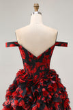 Black Red Off The Shoulder Ruffle Corset A-Line Homecoming Dress With Beading