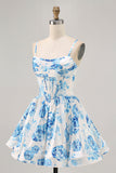 White Blue Flower Printed A Line Corset Homecoming Dress