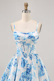 White Blue Flower Printed A Line Corset Homecoming Dress