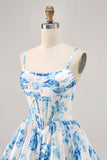White Blue Flower Printed A Line Corset Homecoming Dress