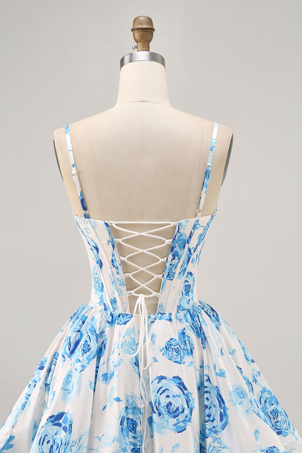 White Blue Flower Printed A Line Corset Homecoming Dress