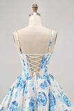 White Blue Flower Printed A Line Corset Homecoming Dress