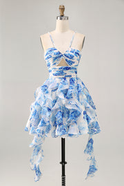 White Blue Flower A-Line Pearl Beaded Cut-Out Homecoming Dress With Ruffles
