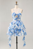 White Blue Flower A-Line Pearl Beaded Cut-Out Homecoming Dress With Ruffles