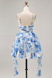 White Blue Flower A-Line Pearl Beaded Cut-Out Homecoming Dress With Ruffles