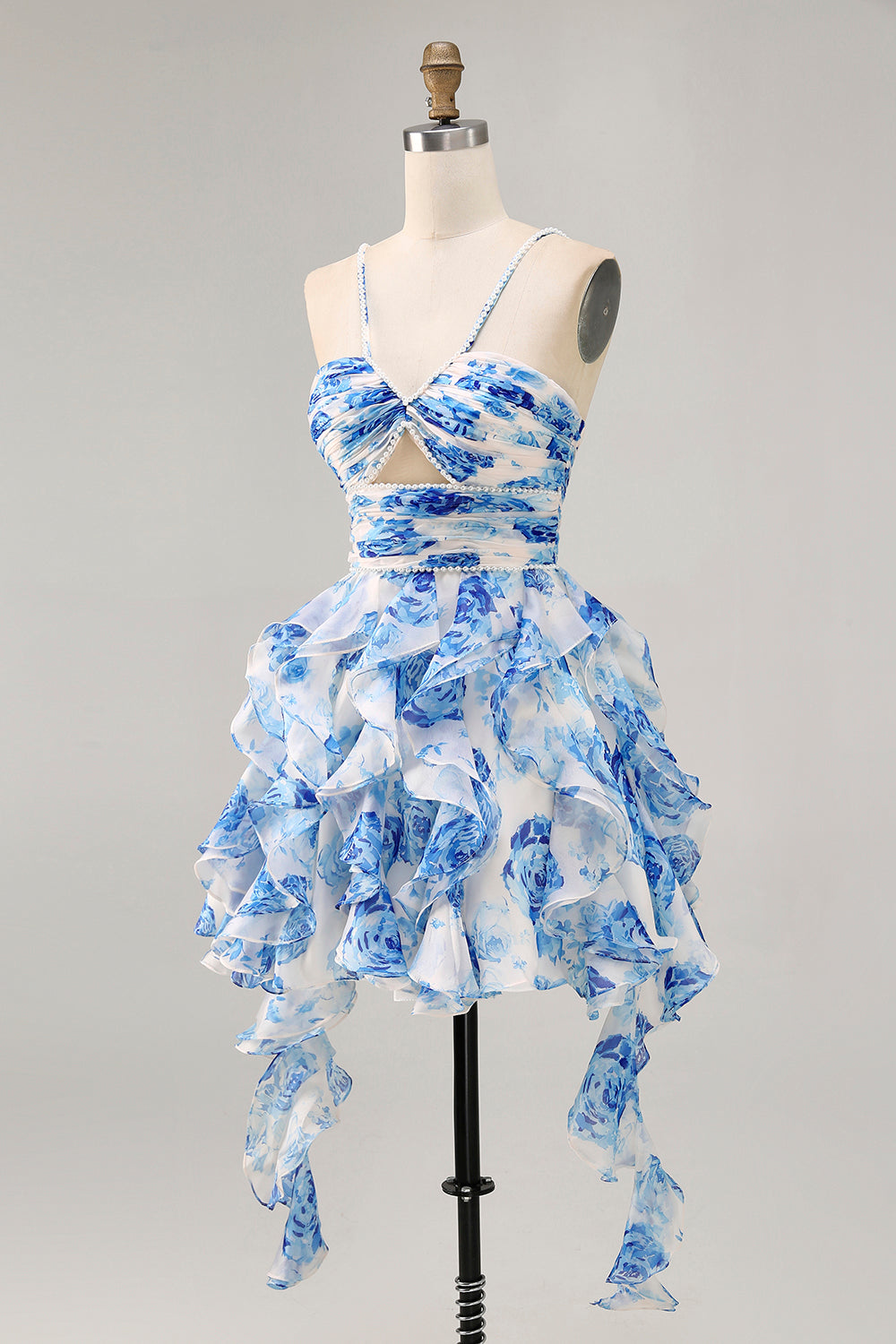 White Blue Flower A-Line Pearl Beaded Cut-Out Homecoming Dress With Ruffles