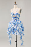 White Blue Flower A-Line Pearl Beaded Cut-Out Homecoming Dress With Ruffles