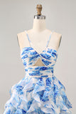 White Blue Flower A-Line Pearl Beaded Cut-Out Homecoming Dress With Ruffles