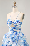 White Blue Flower A-Line Pearl Beaded Cut-Out Homecoming Dress With Ruffles