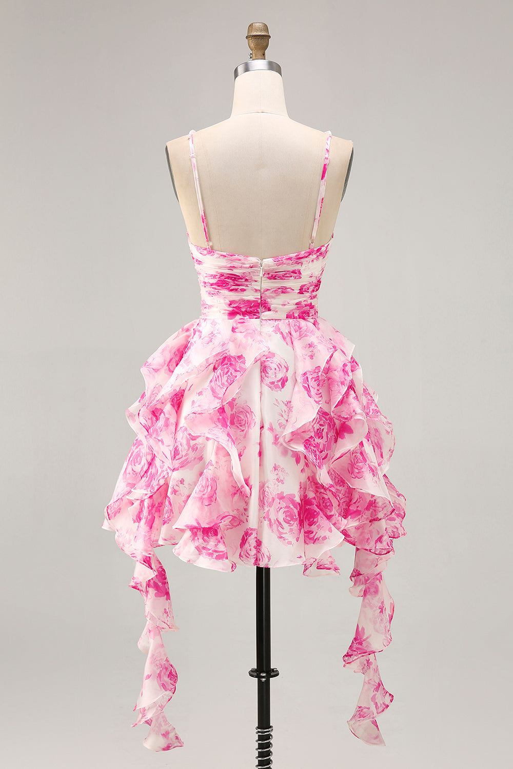 Ruffle Halter White Fuchsia Flower Printed Homecoming Dress with Pearls