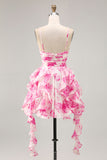 Ruffle Halter White Fuchsia Flower Printed Homecoming Dress with Pearls