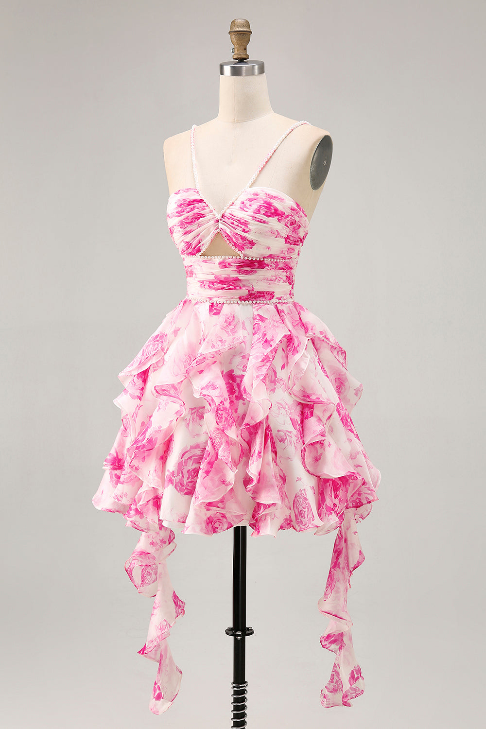 Ruffle Halter White Fuchsia Flower Printed Homecoming Dress with Pearls