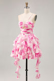 Ruffle Halter White Fuchsia Flower Printed Homecoming Dress with Pearls