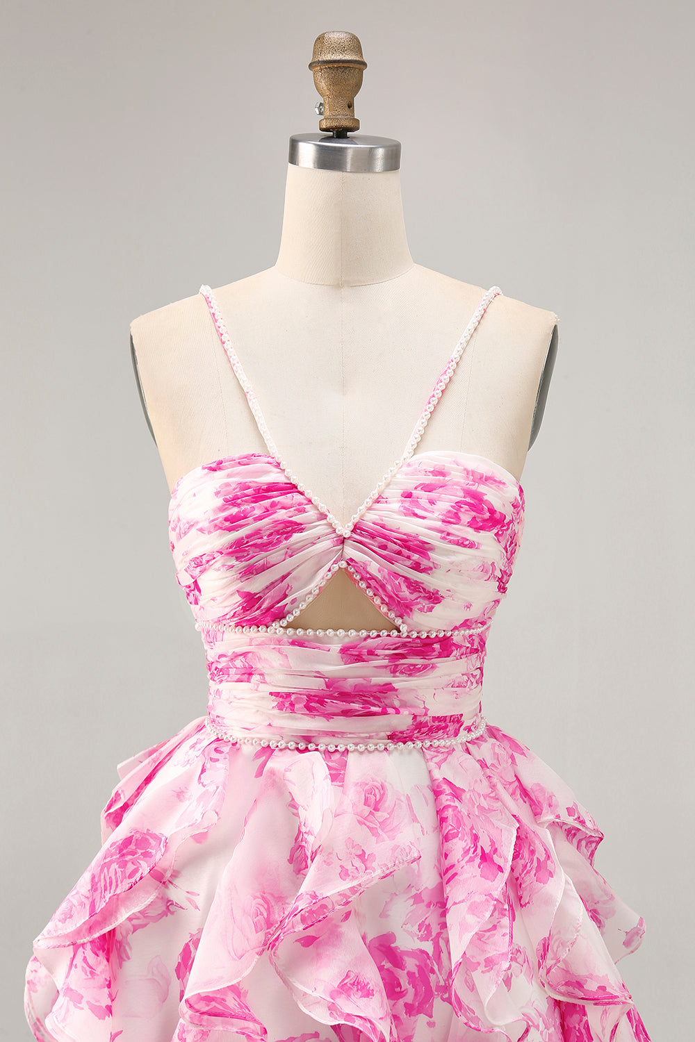 Ruffle Halter White Fuchsia Flower Printed Homecoming Dress with Pearls