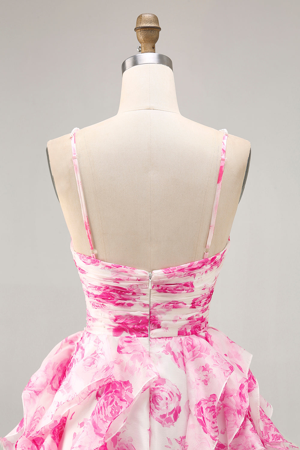 Ruffle Halter White Fuchsia Flower Printed Homecoming Dress with Pearls