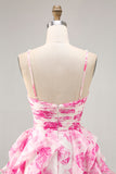 Ruffle Halter White Fuchsia Flower Printed Homecoming Dress with Pearls