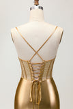 Bodycon Corset Beaded Golden Homecoming Dress with Lace-up Back