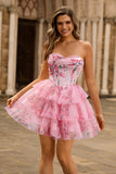 Floral A Line Strapless Corset Tiered Pink Homecoming Dress