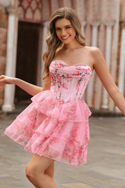 Pink Flower Printed A-Line Sweetheart Corset Homecoming Dress