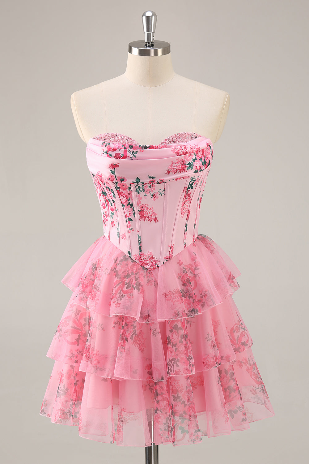 Floral A Line Strapless Corset Tiered Pink Homecoming Dress