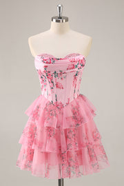 Floral A Line Strapless Corset Tiered Pink Homecoming Dress