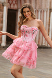 Pink Flower Printed A-Line Sweetheart Corset Homecoming Dress