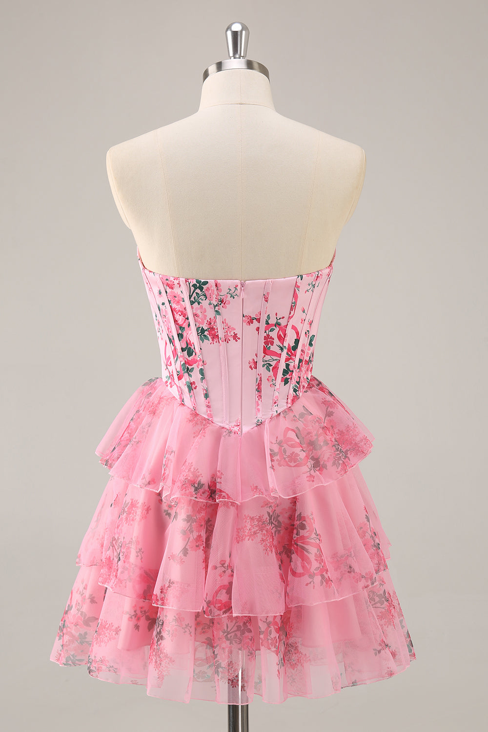 Floral A Line Strapless Corset Tiered Pink Homecoming Dress