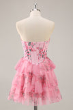 Floral A Line Strapless Corset Tiered Pink Homecoming Dress
