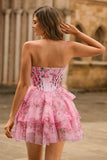 Floral A Line Strapless Corset Tiered Pink Homecoming Dress
