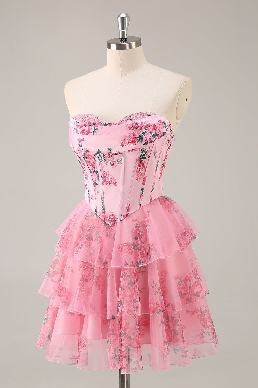 Floral A Line Strapless Corset Tiered Pink Homecoming Dress