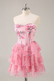 Floral A Line Strapless Corset Tiered Pink Homecoming Dress