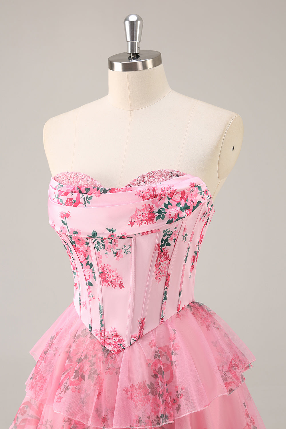Floral A Line Strapless Corset Tiered Pink Homecoming Dress