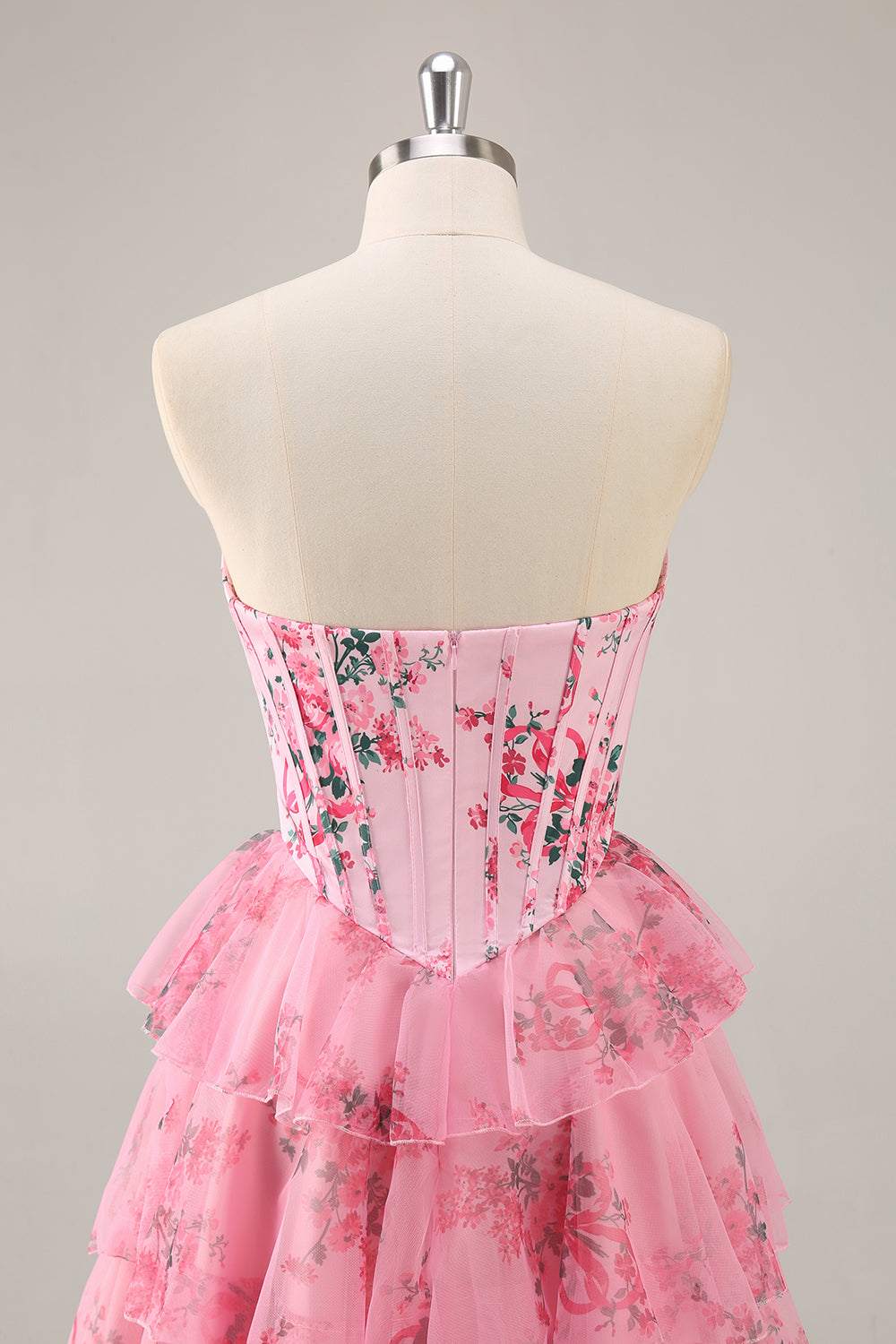 Floral A Line Strapless Corset Tiered Pink Homecoming Dress