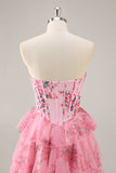 Floral A Line Strapless Corset Tiered Pink Homecoming Dress