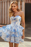 Ruffled White Blue Flower Corset A-Line Strapless Homecoming Dress