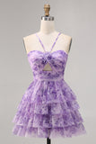 Purple A-Line Tiered Cut Out Floral Short Homecoming Dress