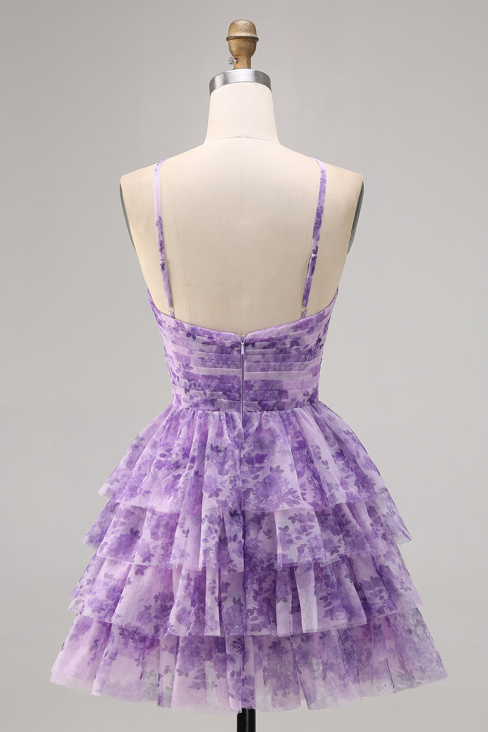 Purple A-Line Tiered Cut Out Floral Short Homecoming Dress