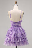 Purple A-Line Tiered Cut Out Floral Short Homecoming Dress