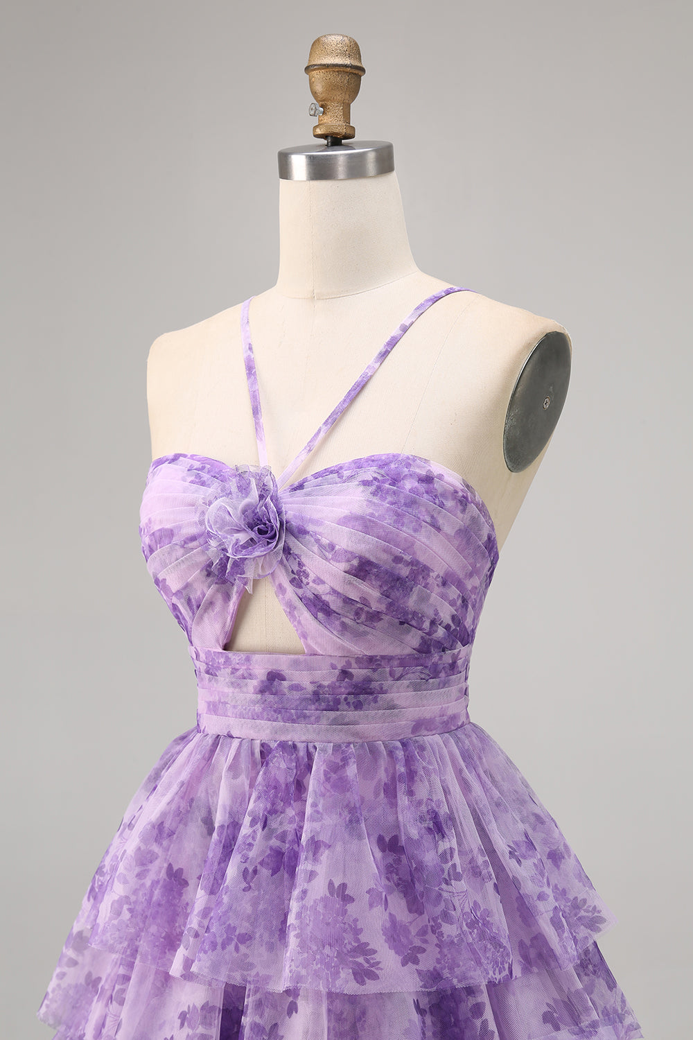 Purple A-Line Tiered Cut Out Floral Short Homecoming Dress